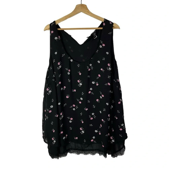 Torrid Black & Pink Floral Scoop Neck Lace Hem Blouse 3 - Picture 1 of 4